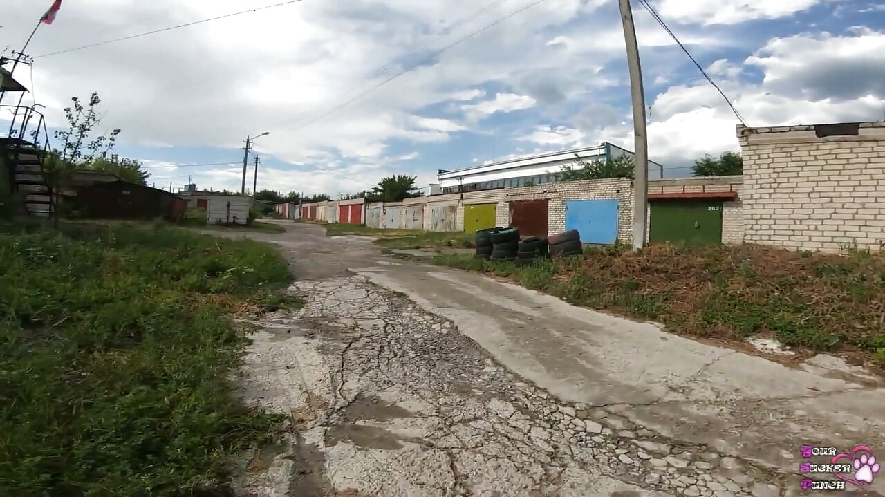 Public Cum Swallow Behind Garages During the Walk - POV