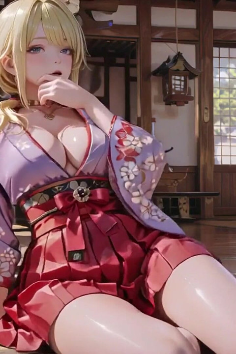 Blonde Goddess in the Japanese Corridor, Lazy Gazes, Hand on Hips, Sunlight Drenching Her Skin