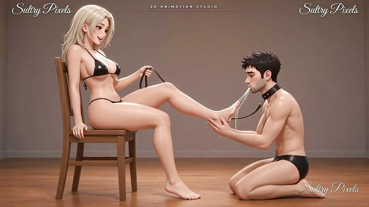 Tall Latex Blonde Leads Her Collared Man by the Leash - Foot in His Mouth