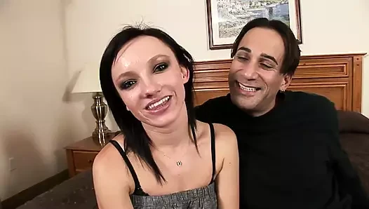 Fresh horny girl with dark hair loves to take it in the