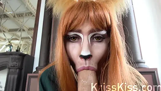 Cosplay horny fox sucking huge cock, cum in mouth, 4K