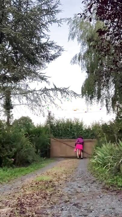 Dressed with a new pink skirt and the fuchsia tie stained with semen for a night out