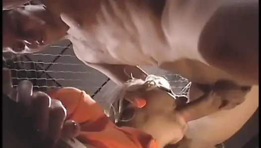 Busty blonde gets her asshole fingered and pool stick shoved in her pussy