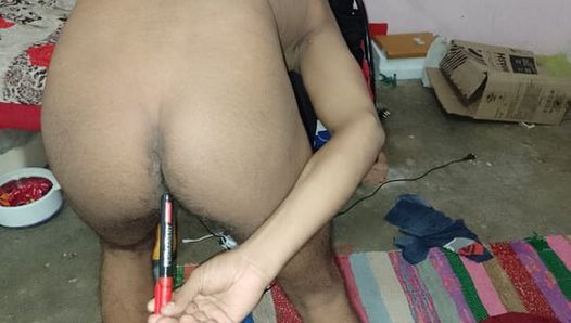 Indian boy taking long toy and happy to taking to ass