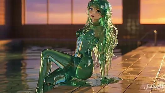 Zümrüt denizanası kız sürtüyor ve biniyor - ıslak dil damlıyor