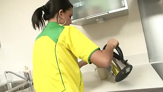 Babe in Brazil Uniform Strips and Plays Solo in the Kitchen