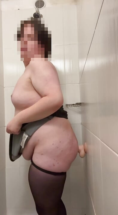 chubby fem boi crossdresser playing with dildo in shower