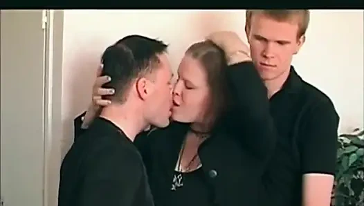 Little blonde teen fucks with two cocks in a hot threesome