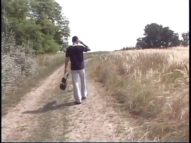 Bottom boy gets on his knees and deep throats a hard cock then fucks outdoor
