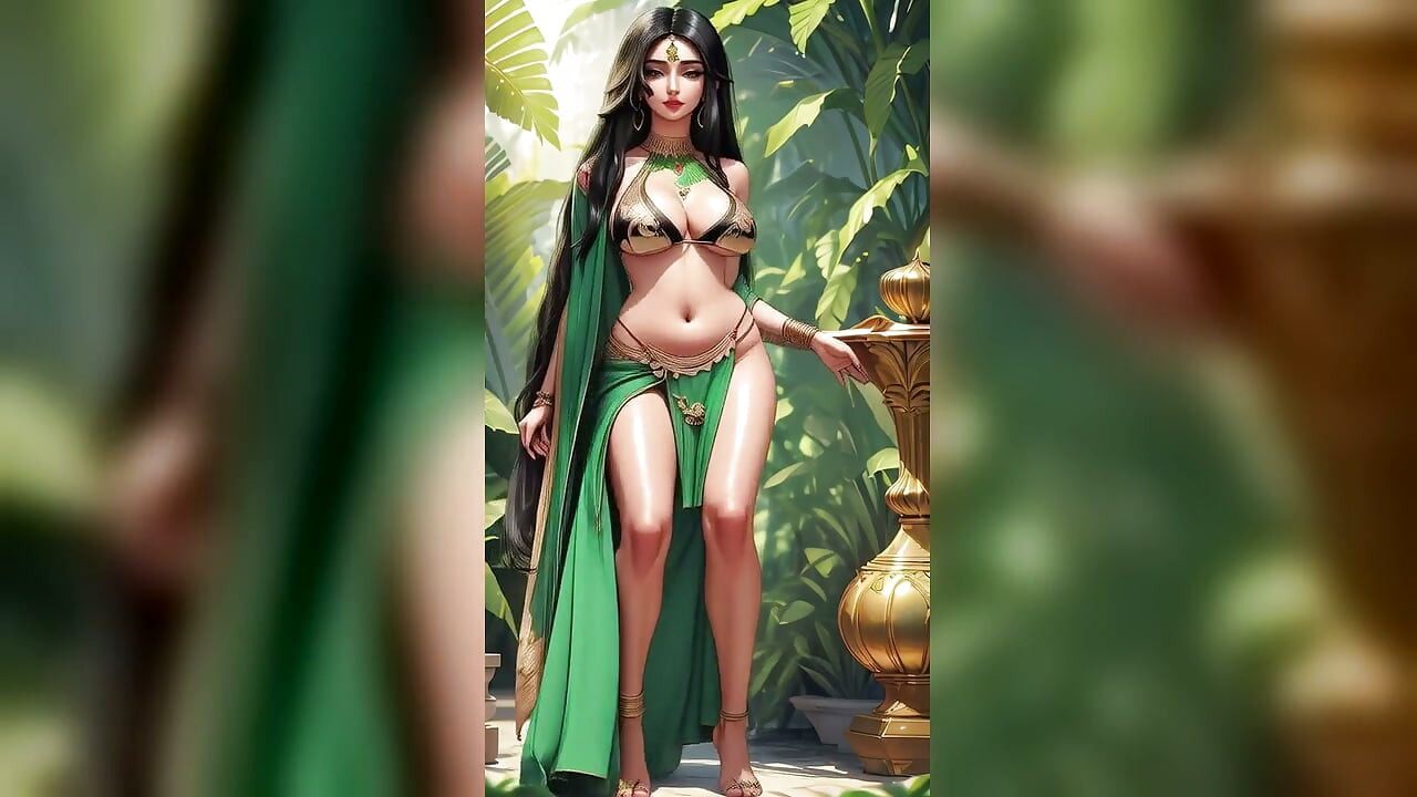 Indisk skjønnhet Priya desi bhabhi grønn bikini-dans i tempelhage (AI-modell)