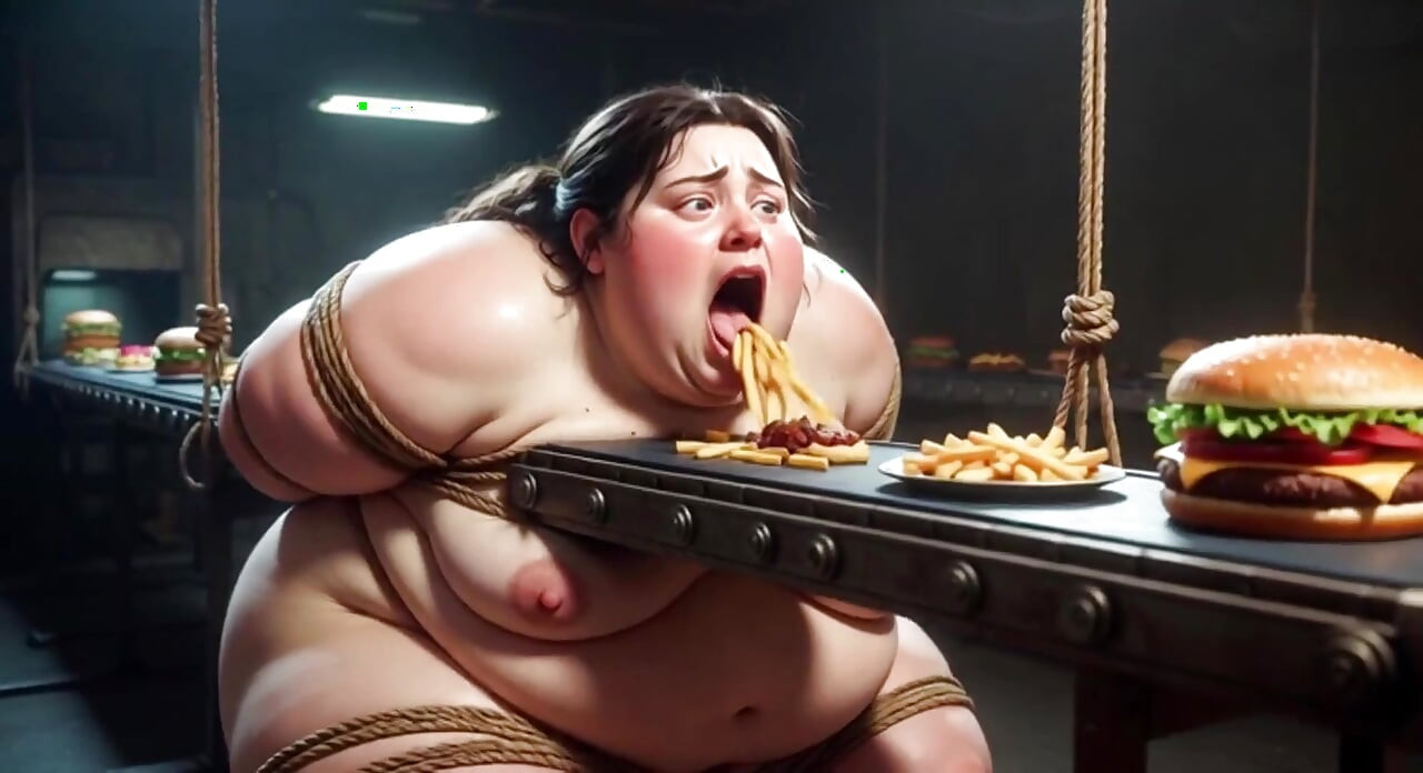 Tied up SSBBW Eats Massive Meal While Kneeling - Belly Stuffing