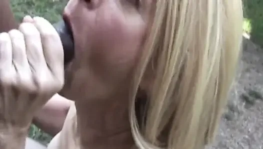 Blonde MILF Deepthroats Throbbing BBC Outdoors Dripping Sloppy