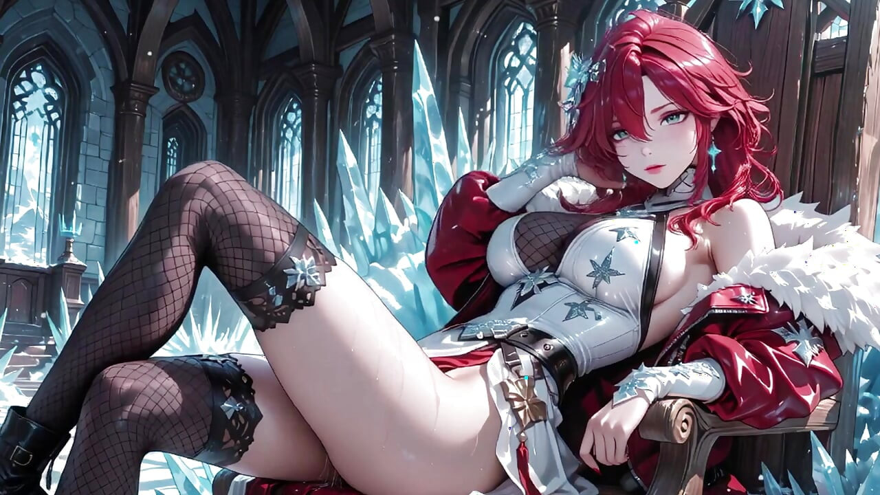 Feiticeira ruiva faz uma entrada impressionante no Salão de Cristal, robe ligeiramente aberto e cajado batendo de forma sedutora.