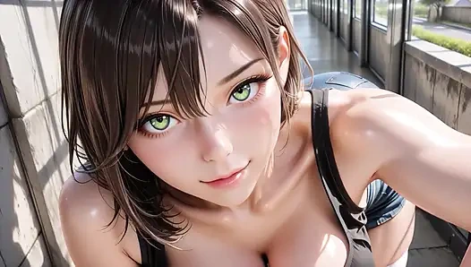 Arzulu esmer tanrıça güneşten öpülen balkonda derin bir dolgu için yalvarıyor