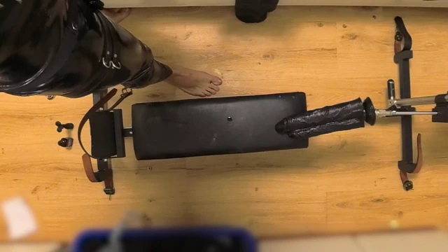 Latex Chastity Cage Sissy on Sex Machine Pillory and Double Dildo