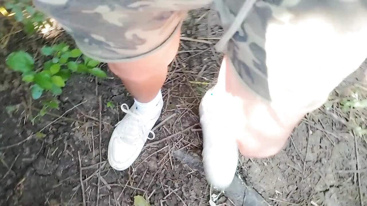 Piss and Cum - Cleaning Used White Sneakers with Pee and Cum and Pee Again in the Garden