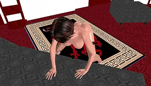 Animierter 3D-cartoon-porno - schönes mädchen mit gurke über dem bett gebückt und analplug, mehrere orgasmen