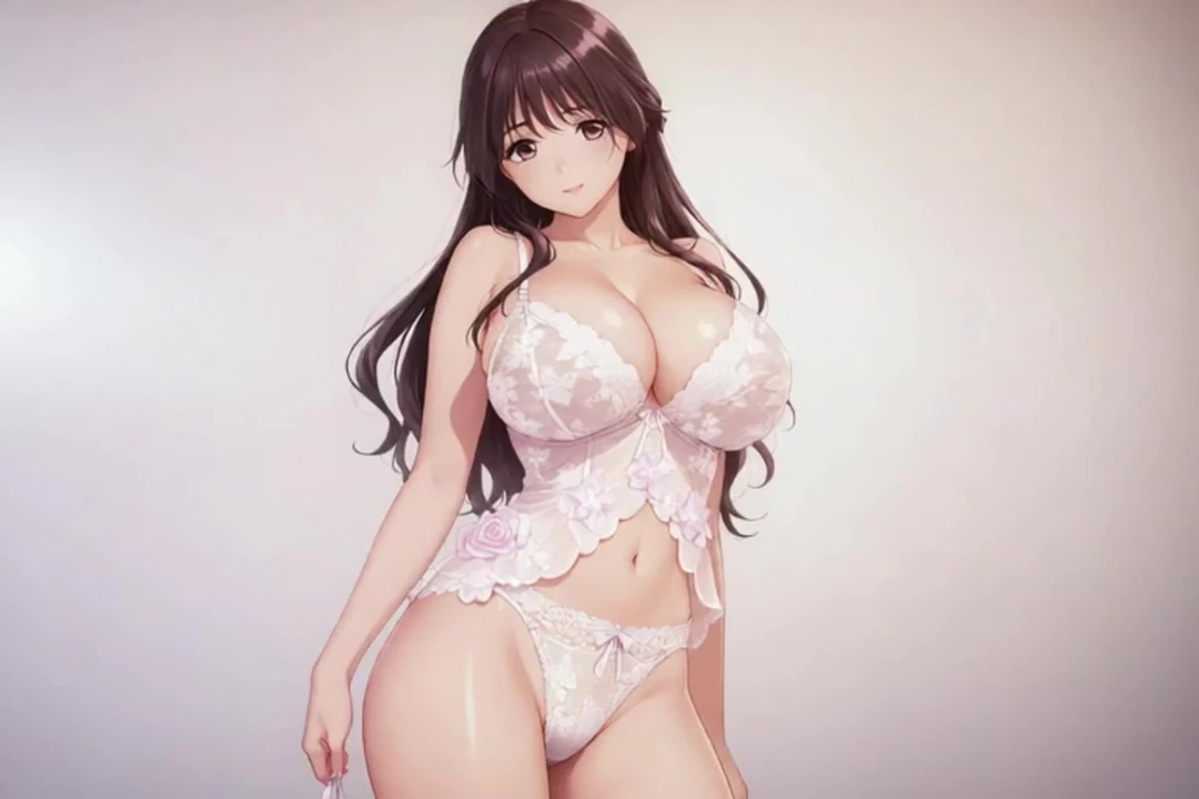 Beautiful brown-haired girl with very big breasts sweetly masturbates
