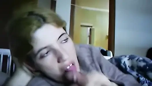 young blonde with sucks cock with love and gets a cumshot in the end