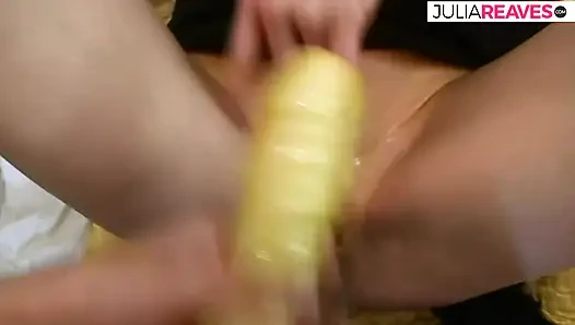 Horny MILFS enjoy as they destroy each others cunts with long dildos