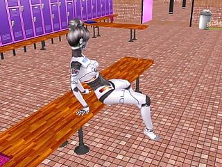 Um vídeo pornô animado de uma linda garota robô invadindo o pau de um homem em posição de vaqueira reversa.