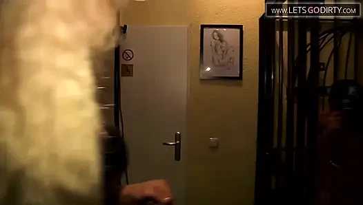 Blonde girl binds lover then enjoys foot massage