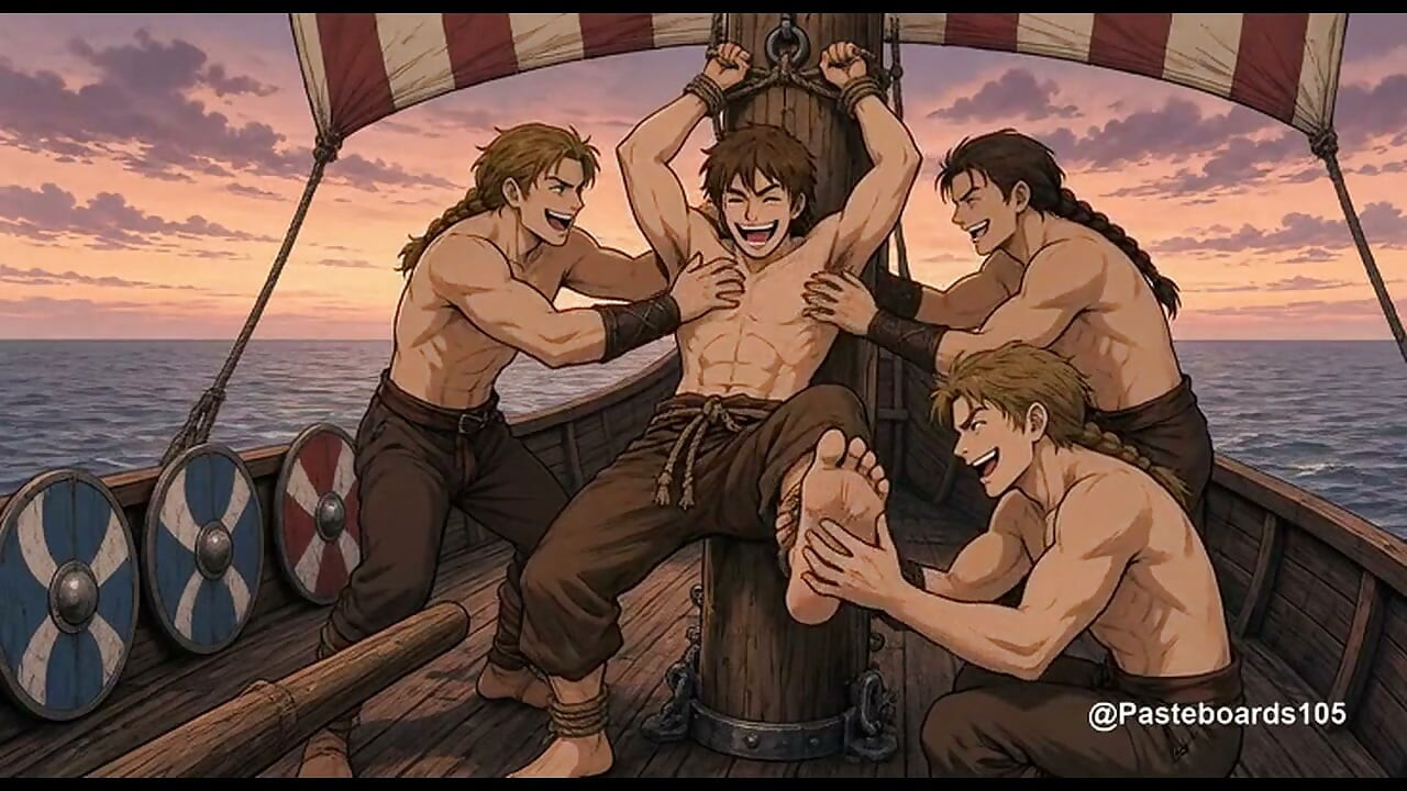 Attaché au mât du drakkar, captif viking (2D Anime)