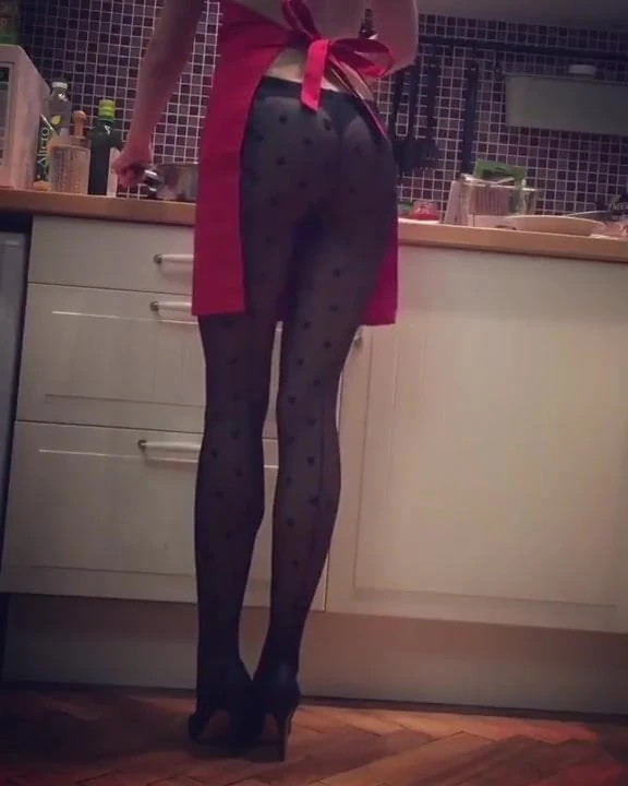 nylon dress & sexy legs In the kitchen