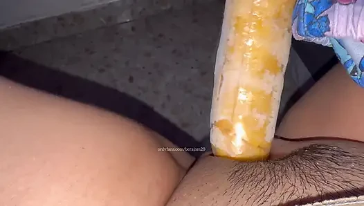Trying for the first time young girl with cucumber
