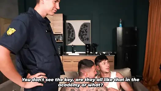 Police officers arrive to restore order in the apartment and end up joining in the fun.