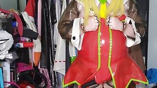 Kigurumi Roll в костюме зайчика из ПВХ, игра с дыханием и вибратор без рук