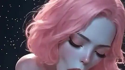 Pink-haired AI elf gives a blowjob, does a titjob, rides cowgirl-style, and ends up with cum dripping from her mouth