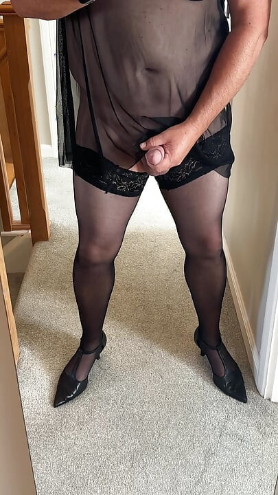 sexy sissy masturbating in her black stockings & nylon lingerie