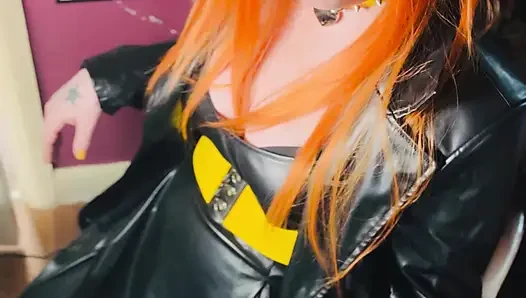 The Gothic Cutie Tina Snua Dressed In a Leather Coat & Smoking A Cork 100 Cigarette - Ginger Miss Smokes In A Leather Outfit OME