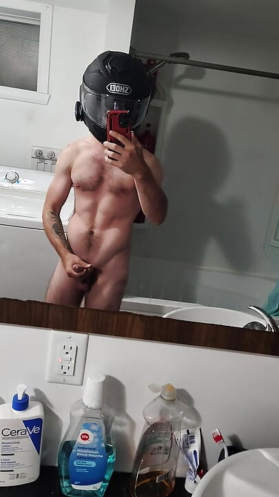Skinny muscled cut gym bro biker masturbating