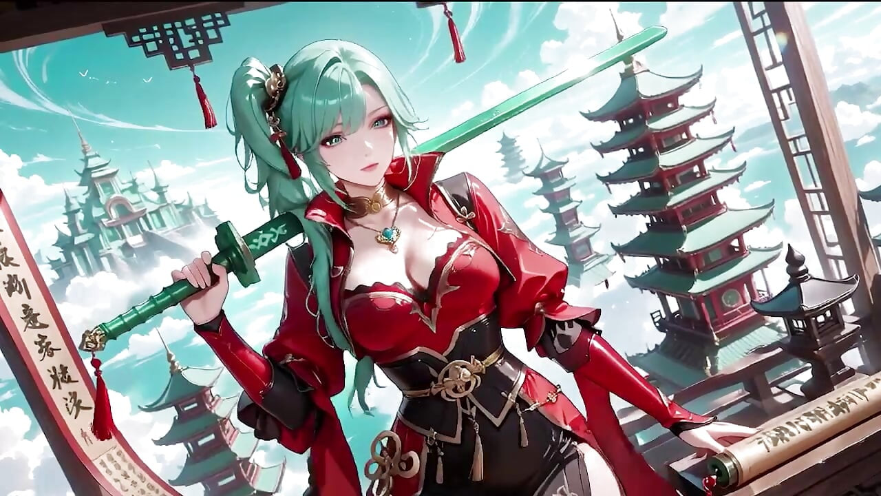 Green-haired warrior in a black-red battle robe, commanding yet shy on the floating terrace.