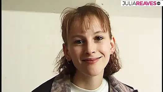 Skinny blonde fucks her pussy with a huge dildo