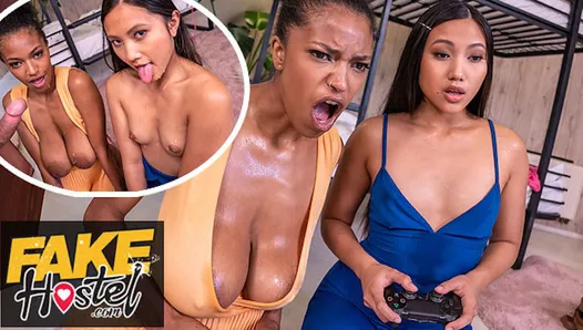 Fake Hostel - Video game playing Asian Thai girl and Ebony Latina college teens in horny threesome with big sweaty tits