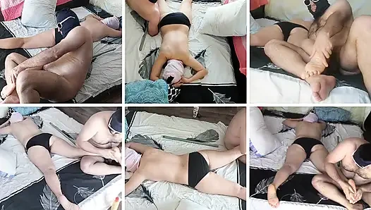 Sensual massage of a hot couple with oil on the body.