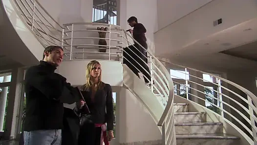 Hairy brunette with big tits gets slammed from behind