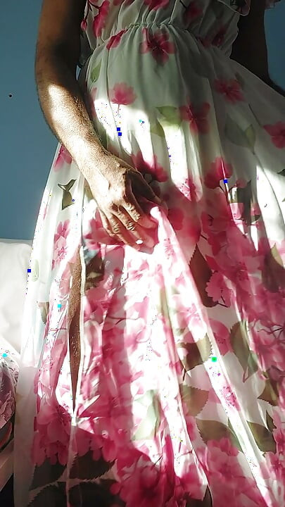 Shemale masterbate and cum in a silky seethrough Chiffon Fleared floral frock