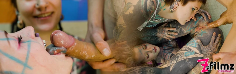 Double Tattooed Bottoms Inked-up Girls Take a Big Cock Together