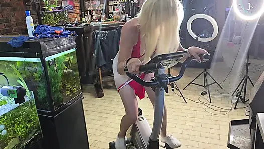 Cute 19 Year Old Blonde Riding Excersize Bike with Massive Dildo