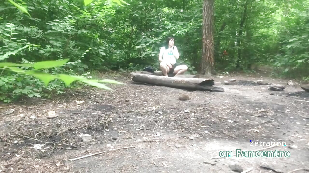 She's pleasuring her pussy  a sweet brunette MILF in the forest, and I'm secretly watching her!