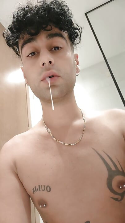 Spitting Guys Cum and Licking It Again in Hotel Bathroom - Cum Play