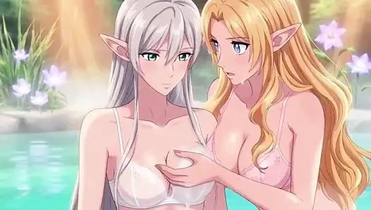 Two beautiful lesbian elves share an intimate night in a magical hot springs