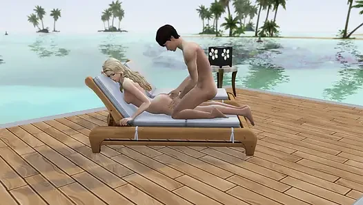 Couple in love have sex in public on the beach. The sims