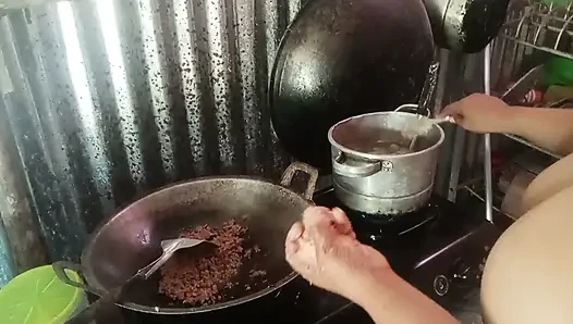 Stripping mother-in-law who is cooking