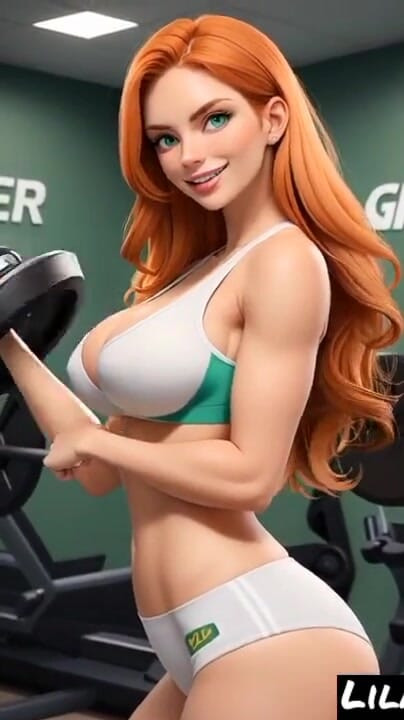 Zapanjujući trenutak iz filma "Lila Ginger u fitness sportskom klubu (Ai model)"