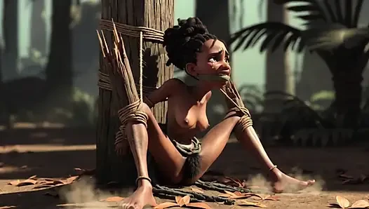 African Girl Bound in Rope Bondage - Hairy Wet Pussy Craving for Cock